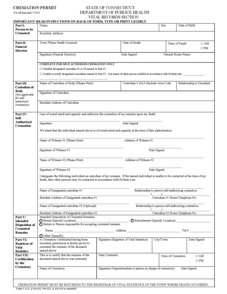 State of CT Cremation Permit